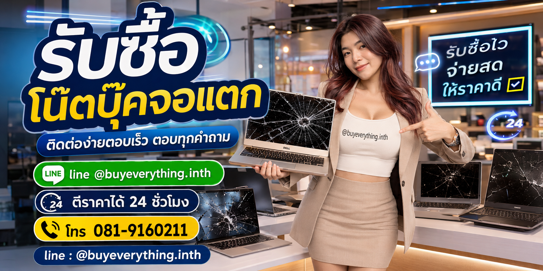 รับซื้อโน๊ตบุ๊คจอแตก ติดต่อ Line @buyeverything.inth โทร 081-9160211